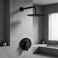 Système de douche encastré monofonction noir mat de 10 pouces - Pommeau de douche rond effet pluie avec bras courbé mural et robinet pour un design moderne