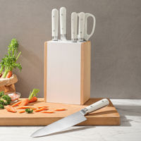 Ensemble de 7 couteaux de chef en acier inoxydable avec lame droite, couteau Santoku, couteau à trancher, couteau utilitaire, couteau à fruits et ciseaux avec bloc de rangement