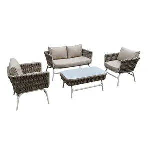 Patio Rope Furniture Set Garden 3pcs Rope Sofa com Temper Glass Table Outdoor Aluminum Conversation Furniture Set