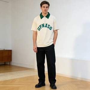 Camisetas Unisex de 230 GSM al por Mayor, de Algodón, con Estampado de Letras en Color de Contraste, Estilo Deportivo, Polo Oversize con Cierre de Cremallera de un Cuarto - Product Image 4