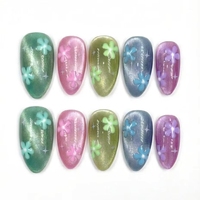 Uñas Postizas Coloridas en 3D con Diseño de Estrella y Flores, Forma de Almendra, Acabado Metálico, Pintadas a Mano, Reutilizables para Mujer