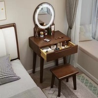 Coiffeuse Moderne en Bois Massif pour Petits Espaces, Réglable et Durable, avec Miroir LED, Garde-corps en L et Coins Arrondis, pour Appartement et Chambre
