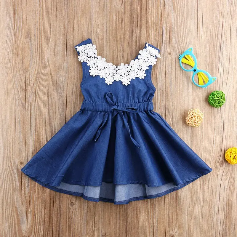 wholesale 2022 summer toddler kids baby girl sleeveless denim princess party flower lace casual dres