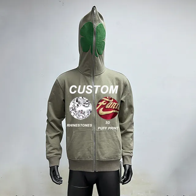 Customized 3D puff print heavyweight 340gsm fleece jacket 100%cotton french Terry fabric blank full zip up hoodie