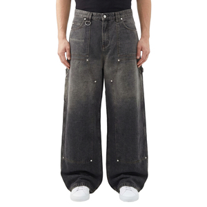 TOPSHOW Jean cargo vintage en denim coupe large super ample délavé moyen couleur unie avec double genouillère cloutée personnalisée - Product Image 1