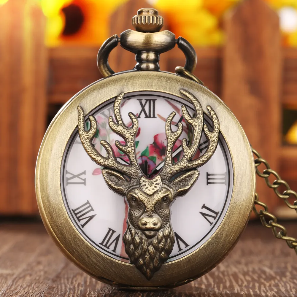 2023 New Vintage Style Elk Steampunk Hollow Pendant Chain Pocket Watch Necklace With Roman Numerals