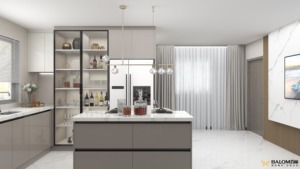 Juego de armario de cocina modular moderno de lujo, mesa de piedra de cuarzo de madera maciza personalizada, muebles de comedor de isla para Villa - Product Image 4