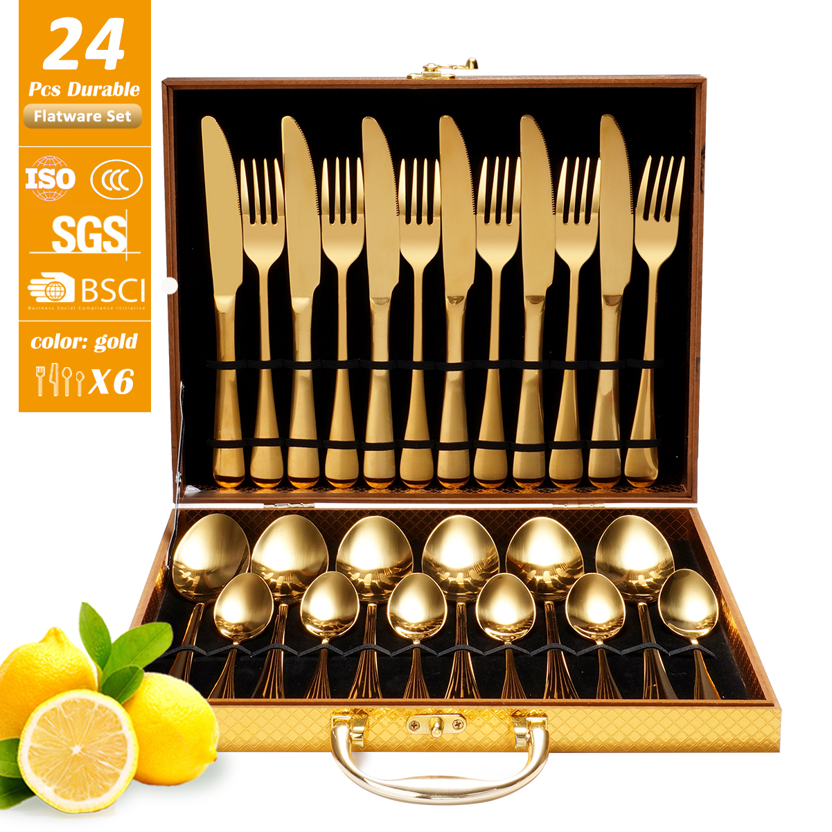 QZQ Modern Wedding Restaurant Stainless Steel Mirror Polish 24Pcs Golden Spoon and Fork Flatware Set for Giveaways