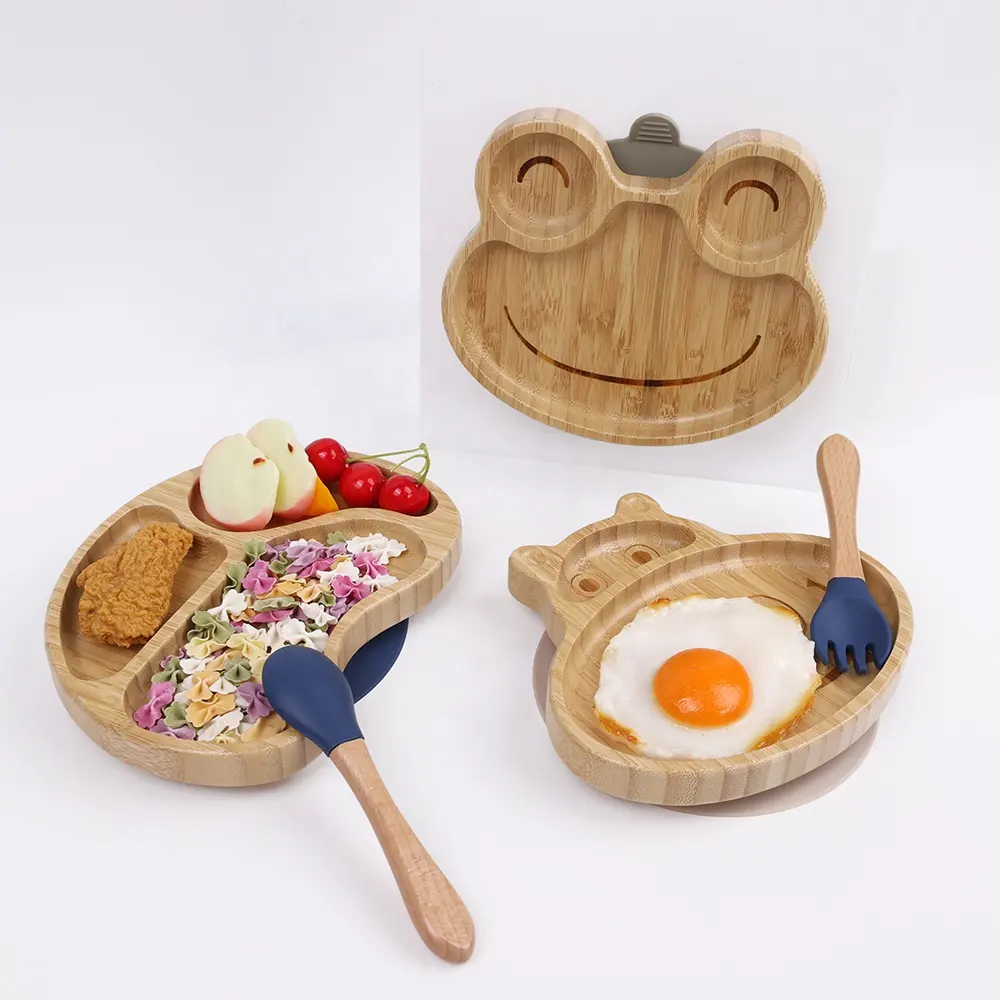 Assiette en forme d'animal chat avec logo personnalisé, vaisselle pour bébé en bambou sans BPA, ensemble d'alimentation en assiette pour bébé