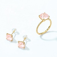 Bague pour femme en argent 925 avec pierre unique, design carré rose, en quartz rose naturel