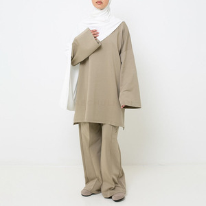 Nouvel ensemble modeste en coton surdimensionné 2026 – Haut à épaules tombantes et manches larges et pantalon large à coutures apparentes pour femme – Tenue décontractée personnalisable - Product Image 2
