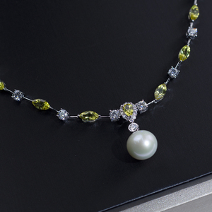 สร้อยคอจี้ไข่มุก Messi Jewelry รุ่น MSN-830 เงินแท้ S925 ประดับด้วยไพลินสีเหลืองทรงมาร์คีส์ และตัวล็อกจี้ประดับเพชร - Product Image 3