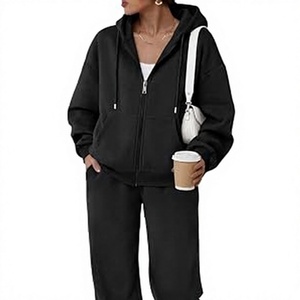 Ensemble de sweat-shirts à capuche zippés unisexes noirs, en coton French Terry surdimensionné, couleur unie, respirant, pour l'automne - Product Image 1