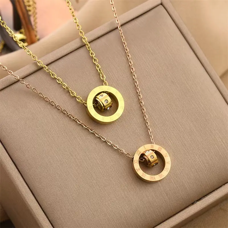 316 stainless steel jewelry electroplating 18K gold Roman numeral round rose gold necklace