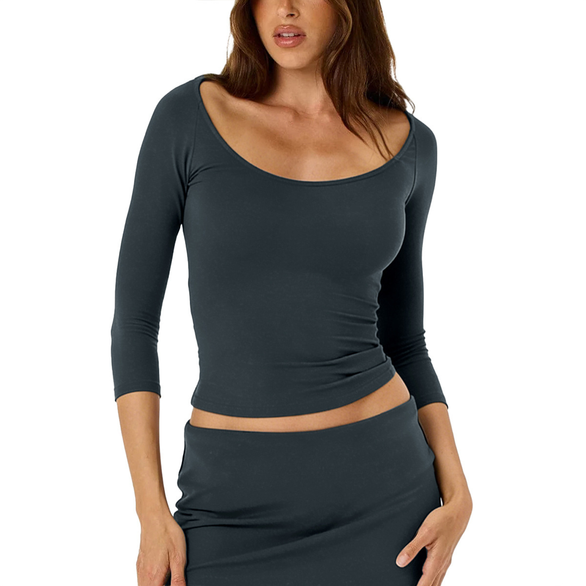 Off-Shoulder Three-Quarter Sleeve Athletic Soft for Tight-Fitting Quick-Drying Sports Fitness Outdoor Yoga Top