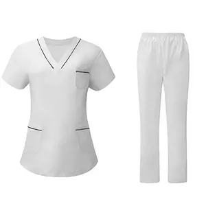 도매 100% 폴리 에스터 간호사 유니폼 남성 여성 반팔 V 넥 탑스와 바지 간호 유니폼 세트