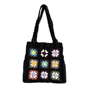 Bolsa de viagem com estampa de flores para mulheres, sacola de crochê de malha à mão, sacola fofa com design de moda, moda BSBH