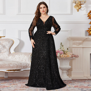 <span class=keywords><strong>Robe</strong></span> <span class=keywords><strong>de</strong></span> soirée formelle pour femmes grandes tailles, noire, col en V profond, manches longues, maille et sequins brillants, taille cintrée, jupe évasée, pour l'été - Product Image 1