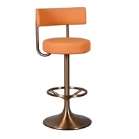 Tabouret de bar en fer pour la maison, style nordique de luxe, avec assise ronde rembourrée en cuir PU orange et dossier bas, base en métal bronze