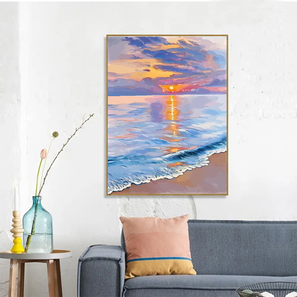 HUACAN Gambar dengan Nomor Warna-warni Pemandangan Laut DIY Bingkai Menggambar Di Atas Kanvas Lukisan Matahari Terbenam untuk Dewasa Lukisan Tangan Dekorasi Rumah