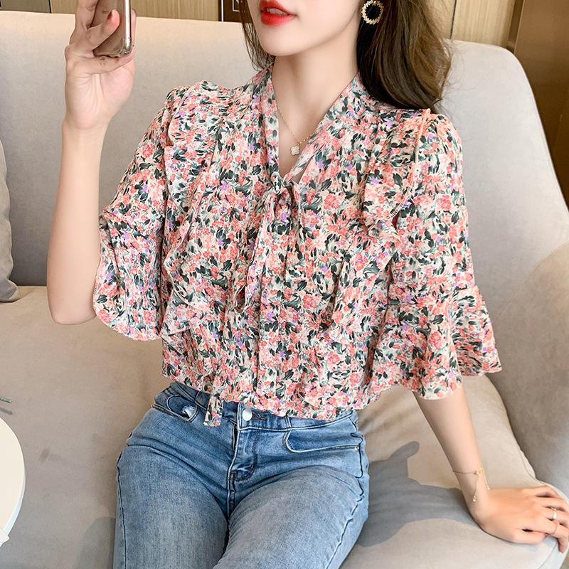2022 Women Summer Floral Printed Shirts Flare Half Sleeve Lace up Strap Bow  Collar Korean Lady Sweet Tops Blouse Casual Shirt