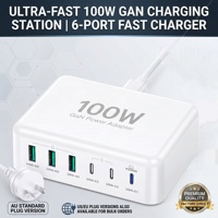 Chargeur HNT GaN 100W 6 ports multi-prises (3 USB-A & 3 USB-C) avec fiches AU/US/UK/EU/JP, charge rapide double pour ordinateur portable et iPhone 17/16
