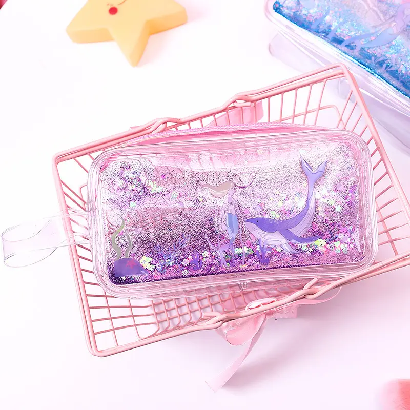 BESTELLA Fashion Floating Shiny Holographic Liquid Quicksand Glitter Makeup Cosmetic Bag Crystal Pencil Case