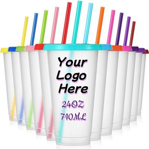 Customizable logo 24OZ Color Straw <b>Cup</b> with <b>Large</b> Capacity Single-layer Transparent Plastic <b>Cup</b> for Iced Coffee Party Birthdays - Product Image 1