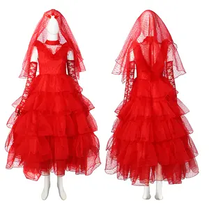 ecowalson Adult Beetlejuice Lydia Deetz Costume Women Gothic Red Wedding Dress Costume Halloween Costume Fancy Dress Up