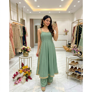 Traje Anarkali Verde Menta Bordado con Pantalones Palazzo, Traje Tradicional Indio-Pakistaní para Mujer, Ropa de Fiesta Larga hasta el Suelo - Product Image 1