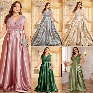Abiti da sera di lusso taglie forti da donna, senza maniche, scollo a V, in raso e pizzo, modello a trapezio, per damigelle d'onore - Product Image 2