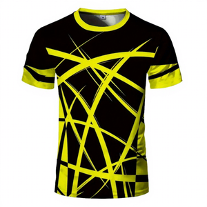 Camiseta Deportiva de Manga Corta para Hombre, Negra y Amarilla con Patrón Geométrico, de Secado Rápido, Corte Ajustado, Cuello Redondo, Estampado por Sublimación - Product Image 1