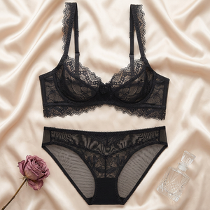 Sexy Floral Black Lace Lingerie Set for Women Underwire Plus Size Lingerie Set Ultra-<b>thin</b> See Through <b>Bra</b> and Panty Set OEM ODM - Product Image 3