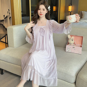 Pyjama chemise de nuit respirant longueur genou 2025 – Collection Printemps-Automne, couleur unie, col carré, style princesse, élastique, pour la maison - Product Image 1