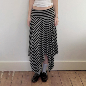 Jupe midi en tricot rayée pour femme, ourlet irrégulier, taille basse, style Y2K, décontractée, streetwear d'été - Product Image 6