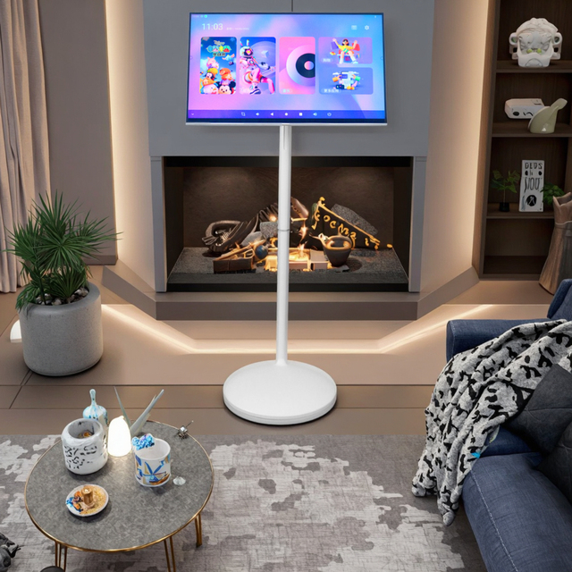 23.8 Inch White Android 13 Smart LED TV Universal Floor Standing with Mobile Portable Touch Screen and Wheels