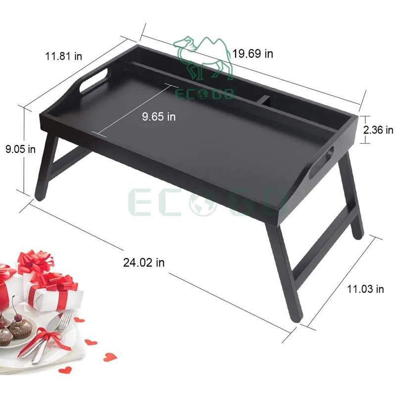 Mooie Zwarte Bedblad Tafel Met Handgrepen Opvouwbare Poten Bamboe Ontbijt Voedsel Dienblad Met Media Slot Opvouwbare Schotel Tv Serveerblad