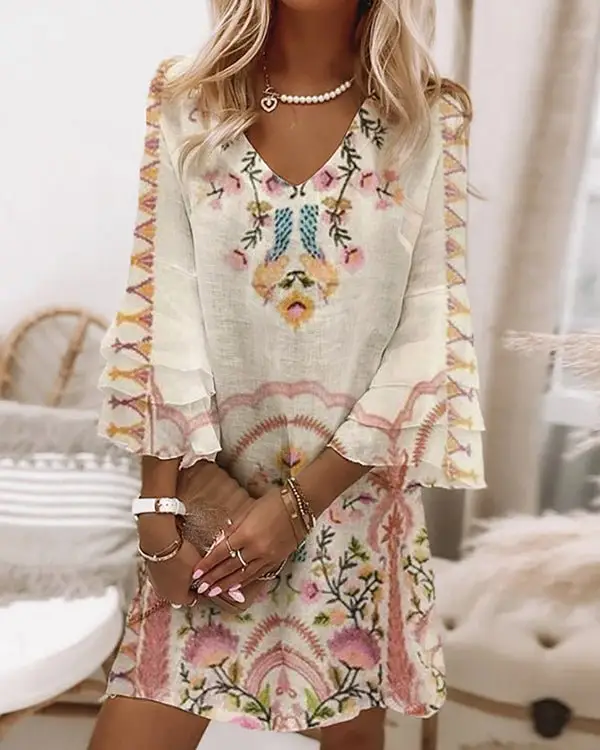 1pcs MOQ vintage plant garden print A-line v neck 3/4 bell sleeves Boho Prairie Pink and Tan Long Sleeve Mini Dress