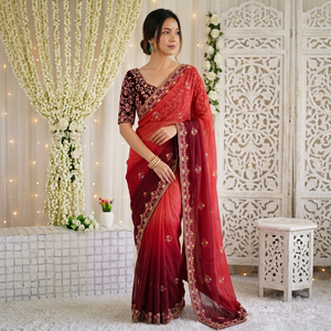 AARA Fashion <b>Red</b> Embroidered Silk Saree <b>Blouse</b> for Wedding Women Traditional Indian Bridal Wear Floor Length Regular Fit Sun - Product Image 1