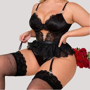 Прозрачное сексуальное белье OEM XXXXL больших размеров, комплект с поясом для чулок, боди с кружевом и стразами, соблазнительный европейский стиль - Product Image 1