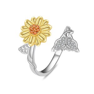 Rotating Flower Open <b>Rings</b> Butterfly Micro Insert Zircon Copper Gold Plated Designer <b>Stress</b> Relief Jewelry For Women - Product Image 1