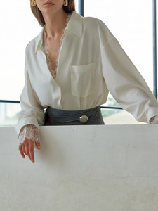 Camicetta da <span class=keywords><strong>donna</strong></span> con scollo a V, taglio dritto e bordo in <span class=keywords><strong>pizzo</strong></span>, colletto a triangolo profondo, polsini e scollo in <span class=keywords><strong>pizzo</strong></span> romantici, top casual 3601 - Product Image 2