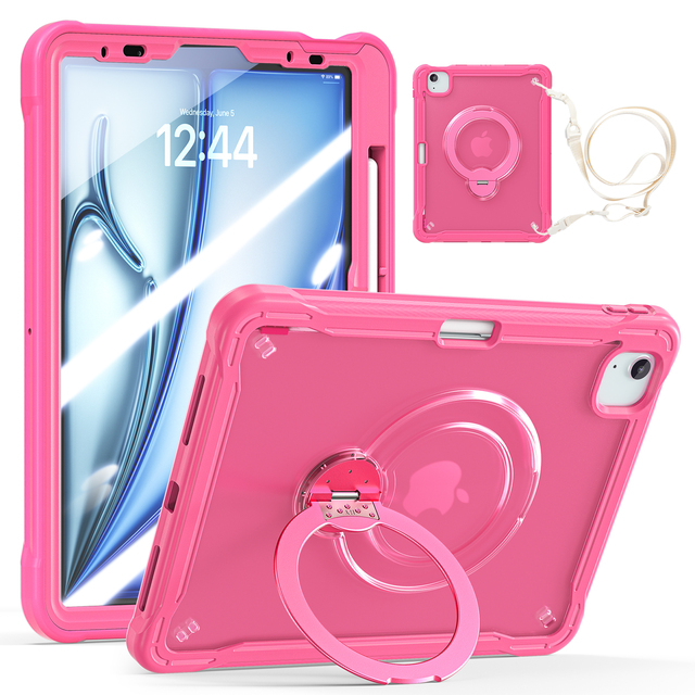 For Apple Ipad Air 11 2024 Shockproof TPU Hybrid PC Rugged Rotating Handle Grip Stand clear Tablet case