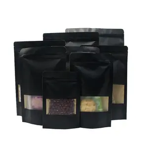 Stok renkli kraft kağıt ayakta duran torba pencere fermuarlı çanta çay aperatif gıda mühürlü ambalaj doypack kahve için tohum paketleme
