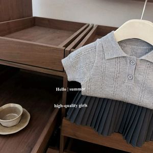 Tongxingyuan Girls School Uniform Short Sleeve Polo Knitted Top With Pleated Skirt Set Solid Color Cotton Outfit - Product Image 2