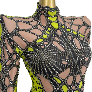 Body Sexy con Stampa e Strass, Costume da Spettacolo per Cantanti e Ballerine, Tuta Intera per Performance Live - Product Image 4