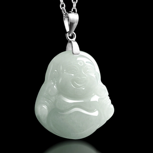 Pendentif Bouddha rieur en jade naturel, collier en argent S925, pendentif en jade de qualité glace, style féminin - Product Image 1