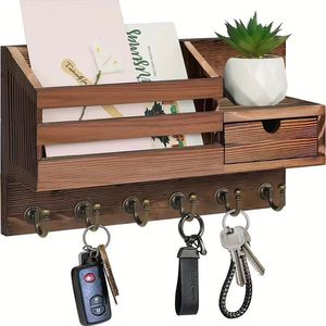 Wood Grain Wall Mounted Key Rack With <b>Hooks</b> Entryway Storage Organizer For Home Mail And Keys - Product Image 3