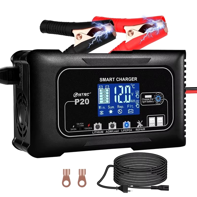 HTRC P20 A 12V-24V Smart Battery Charger For Car Motorcycle Lead Acid Lithium LiFePo4 Batteries FXB
