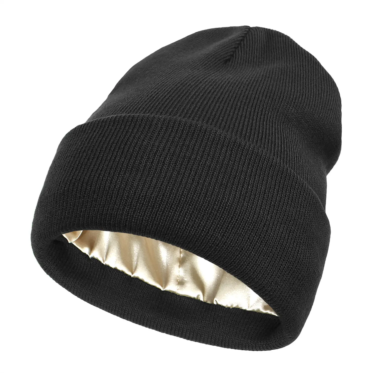 Bonnets personnalisés unisexes de couleur unie en gros avec chapeau d'hiver en satin à l'intérieur 100% bonnet doublé en satin sans manchette en acrylique